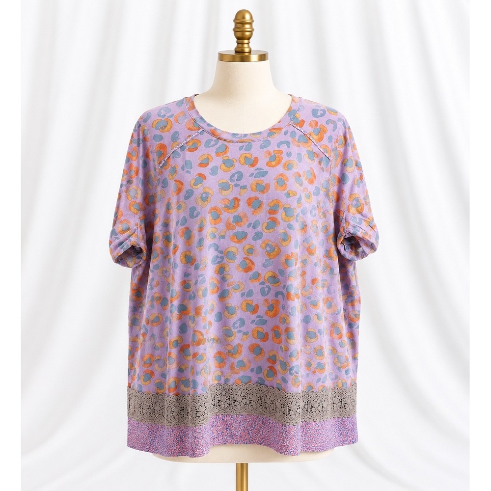 LOGO Lori Goldstein Cotton Modal Mixed Print Top Crochet Hem Purple Size 3X